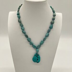 Chunky‎ Turquoise Nugget Necklace w/ Carved Pendant & Box Clasp 24"